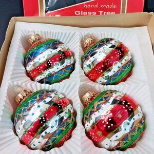 Vintage Poland Hand Painted Glass Christmas Ornaments 4pcs Glitter In Box Bauble